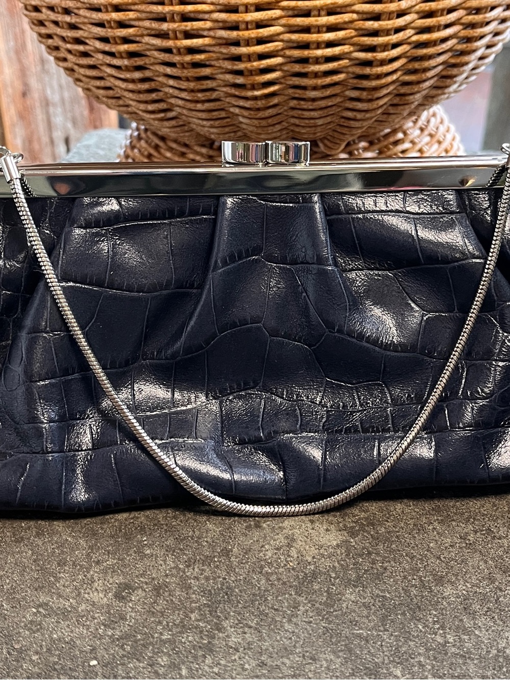 Classic Ann Taylor Navy Croc-Embossed Frame Clutch with Silver Chain Leather